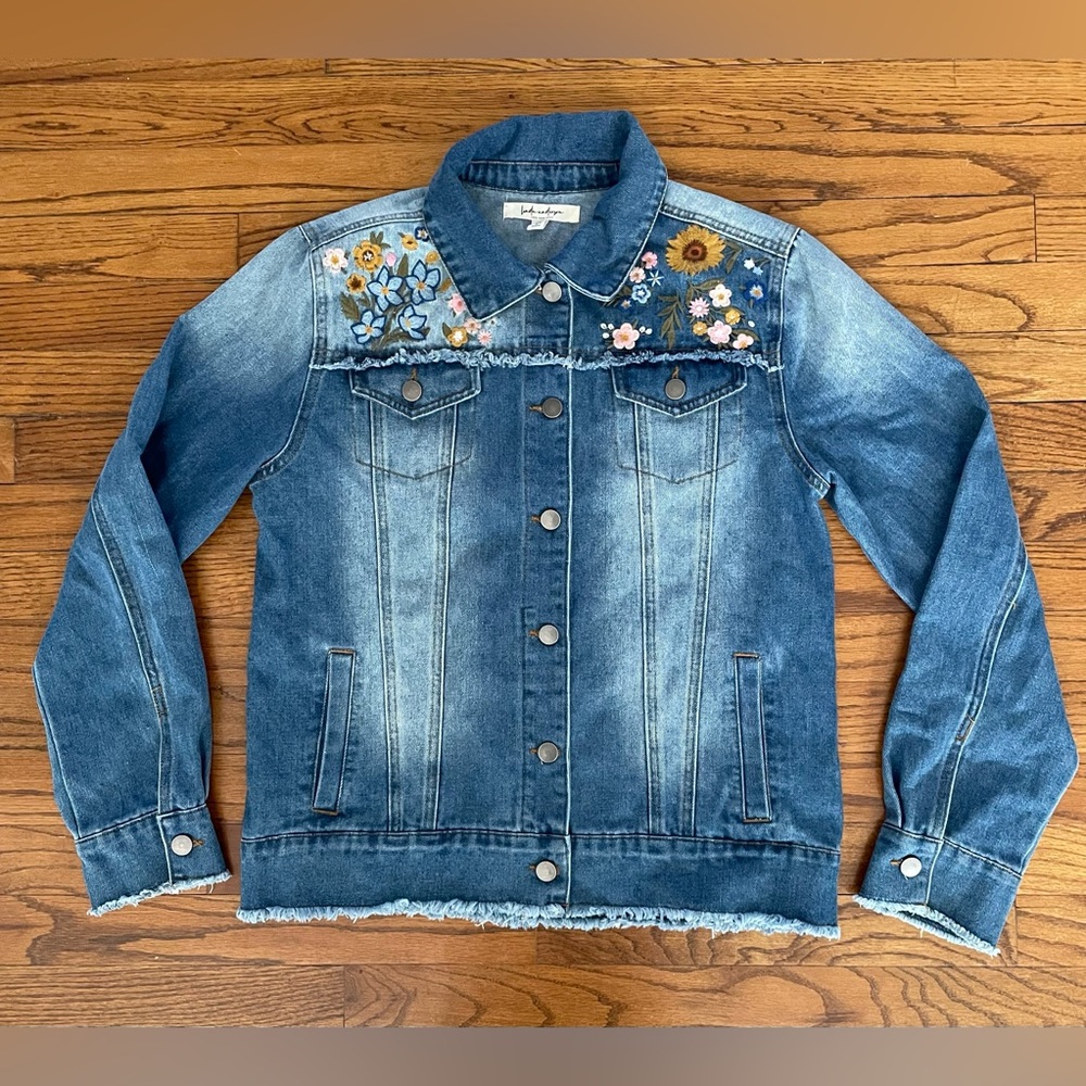 Linda Anderson Floral Embroidered Denim Blue Jean Jacket Women’s Size Small
